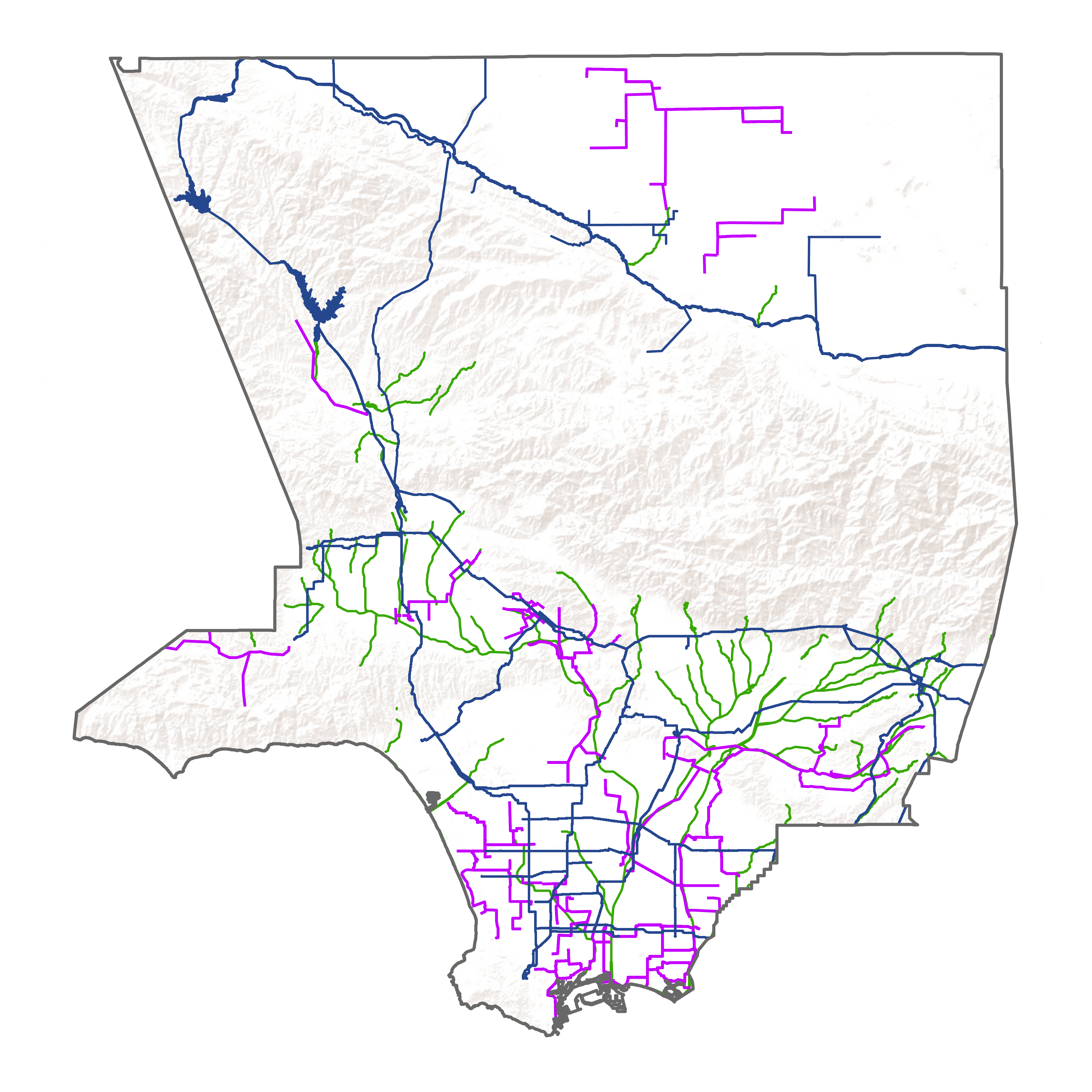 A map of LA county that showcases different rivers and recycled water pipeline alignments in LA county